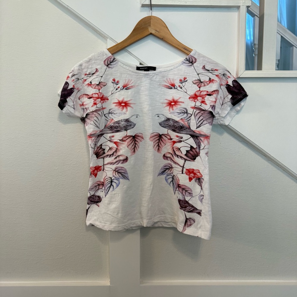 Mango White Top with Red Floral and Bird Design size S